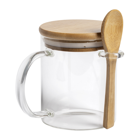 mug en verre avec cuillère en bois et couvercle en bambou 420ml